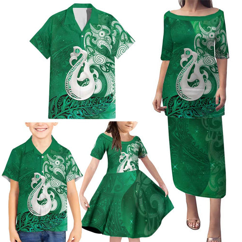 New Zealand Matariki Family Matching Puletasi and Hawaiian Shirt Maori Manaia Galaxy Silver Fern Green Color