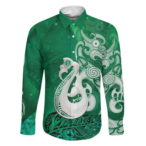 New Zealand Matariki Family Matching Puletasi and Hawaiian Shirt Maori Manaia Galaxy Silver Fern Green Color