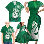 New Zealand Matariki Family Matching Short Sleeve Bodycon Dress and Hawaiian Shirt Maori Manaia Galaxy Silver Fern Green Color