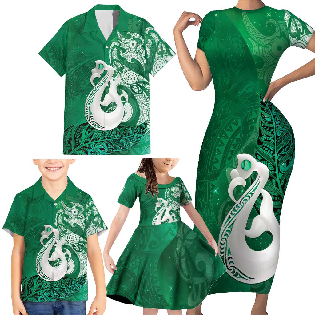 New Zealand Matariki Family Matching Short Sleeve Bodycon Dress and Hawaiian Shirt Maori Manaia Galaxy Silver Fern Green Color