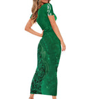 New Zealand Matariki Family Matching Short Sleeve Bodycon Dress and Hawaiian Shirt Maori Manaia Galaxy Silver Fern Green Color