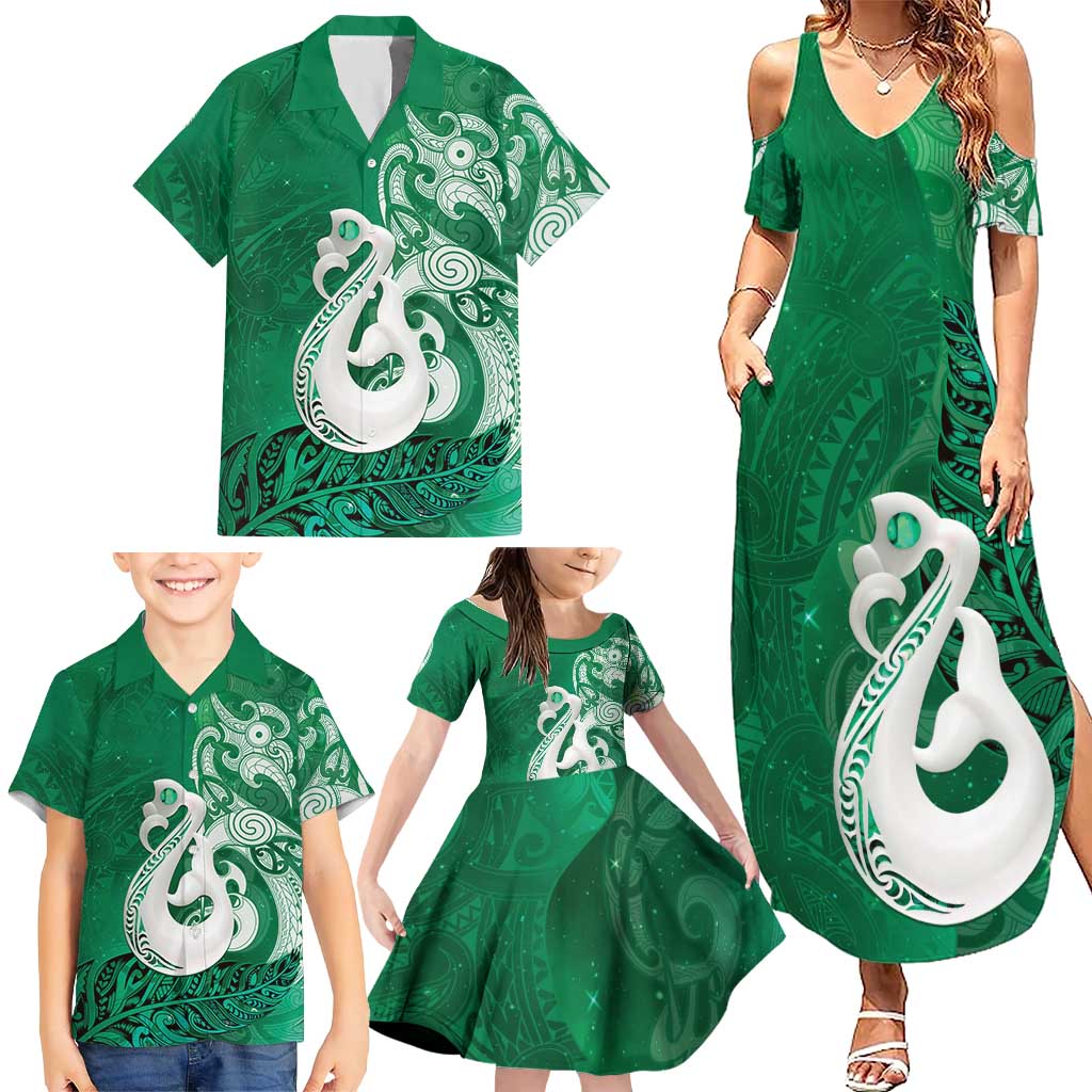 New Zealand Matariki Family Matching Summer Maxi Dress and Hawaiian Shirt Maori Manaia Galaxy Silver Fern Green Color