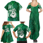 New Zealand Matariki Family Matching Summer Maxi Dress and Hawaiian Shirt Maori Manaia Galaxy Silver Fern Green Color