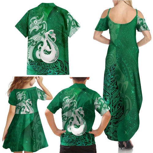 New Zealand Matariki Family Matching Summer Maxi Dress and Hawaiian Shirt Maori Manaia Galaxy Silver Fern Green Color