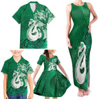 New Zealand Matariki Family Matching Tank Maxi Dress and Hawaiian Shirt Maori Manaia Galaxy Silver Fern Green Color