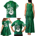 New Zealand Matariki Family Matching Tank Maxi Dress and Hawaiian Shirt Maori Manaia Galaxy Silver Fern Green Color