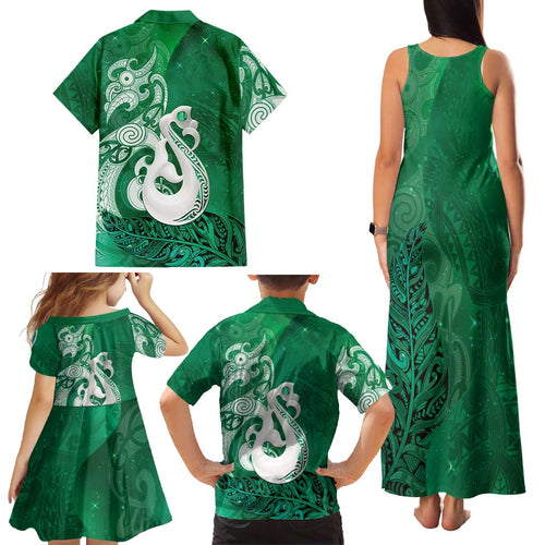 New Zealand Matariki Family Matching Tank Maxi Dress and Hawaiian Shirt Maori Manaia Galaxy Silver Fern Green Color
