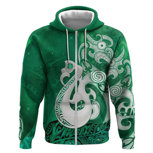 New Zealand Matariki Hoodie Maori Manaia Galaxy Silver Fern Green Color