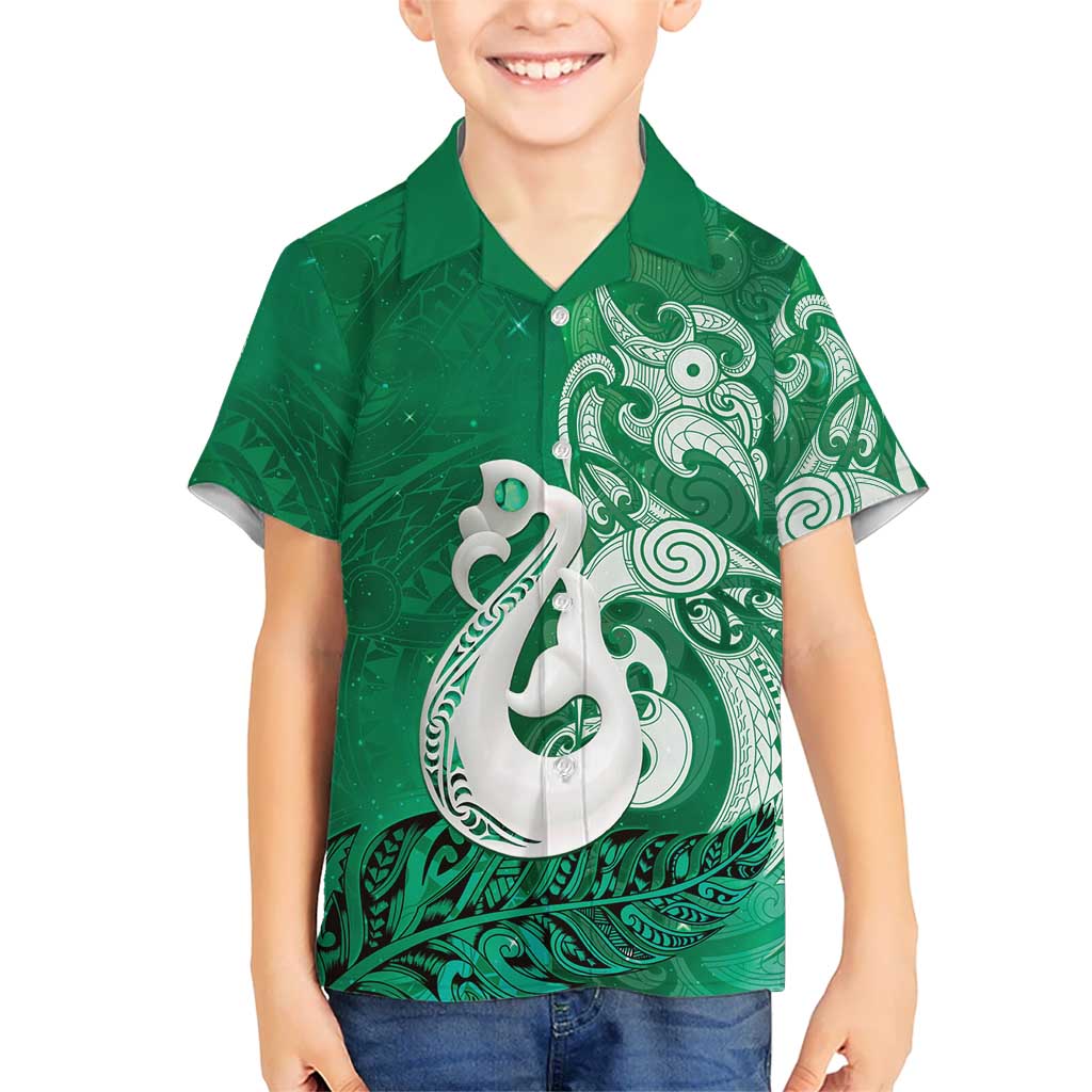 New Zealand Matariki Kid Hawaiian Shirt Maori Manaia Galaxy Silver Fern Green Color