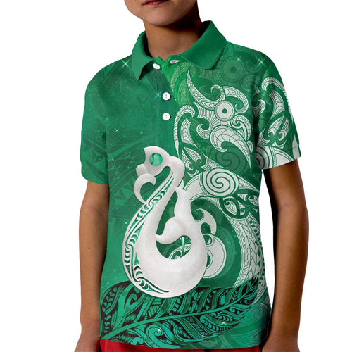 New Zealand Matariki Kid Polo Shirt Maori Manaia Galaxy Silver Fern Green Color