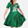 New Zealand Matariki Kid Short Sleeve Dress Maori Manaia Galaxy Silver Fern Green Color