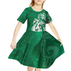 New Zealand Matariki Kid Short Sleeve Dress Maori Manaia Galaxy Silver Fern Green Color