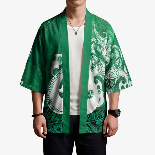 New Zealand Matariki Kimono Maori Manaia Galaxy Silver Fern Green Color