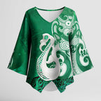 New Zealand Matariki Kimono Sleeve Blouse Maori Manaia Galaxy Silver Fern Green Color