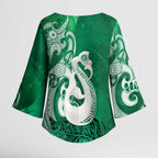 New Zealand Matariki Kimono Sleeve Blouse Maori Manaia Galaxy Silver Fern Green Color