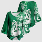 New Zealand Matariki Kimono Sleeve Blouse Maori Manaia Galaxy Silver Fern Green Color