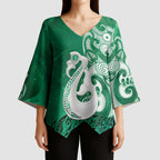 New Zealand Matariki Kimono Sleeve Blouse Maori Manaia Galaxy Silver Fern Green Color