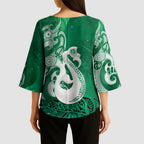 New Zealand Matariki Kimono Sleeve Blouse Maori Manaia Galaxy Silver Fern Green Color