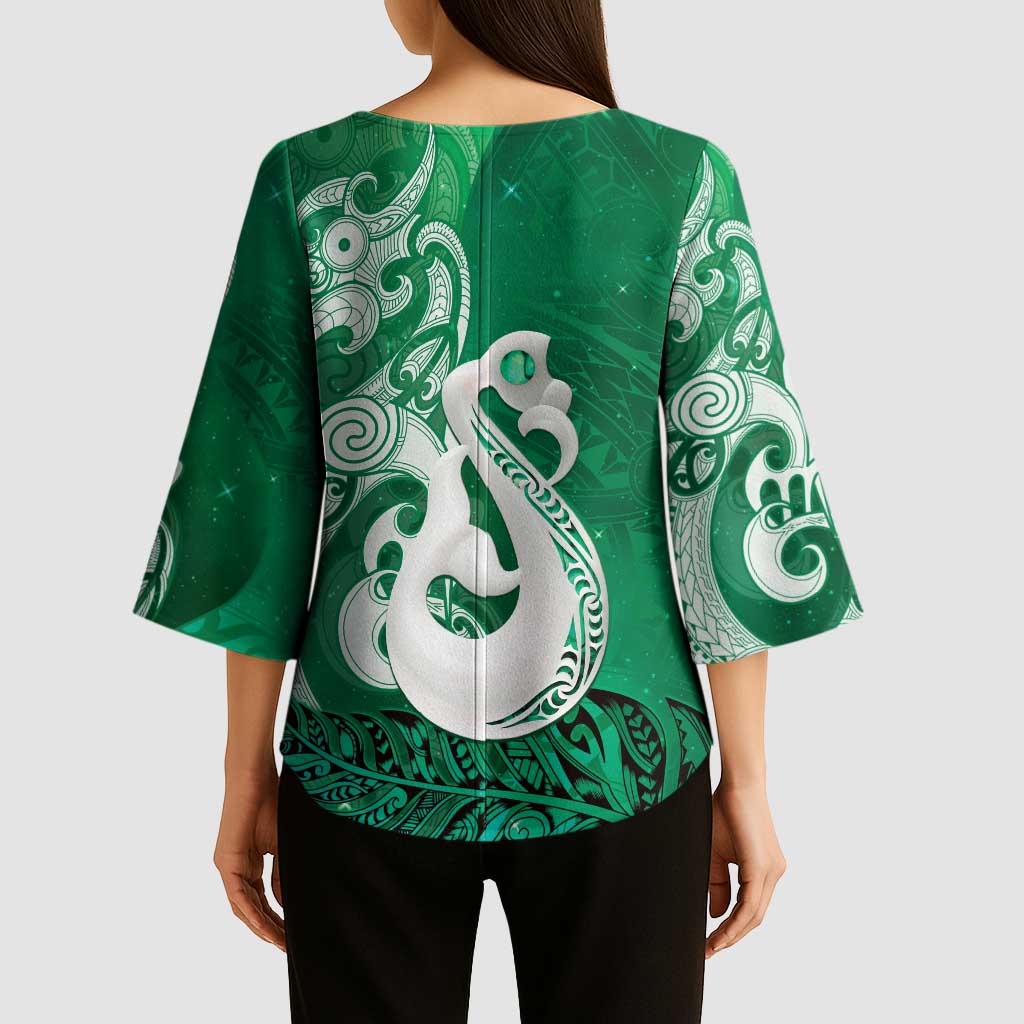 New Zealand Matariki Kimono Sleeve Blouse Maori Manaia Galaxy Silver Fern Green Color