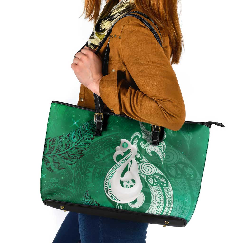 New Zealand Matariki Leather Tote Bag Maori Manaia Galaxy Silver Fern Green Color