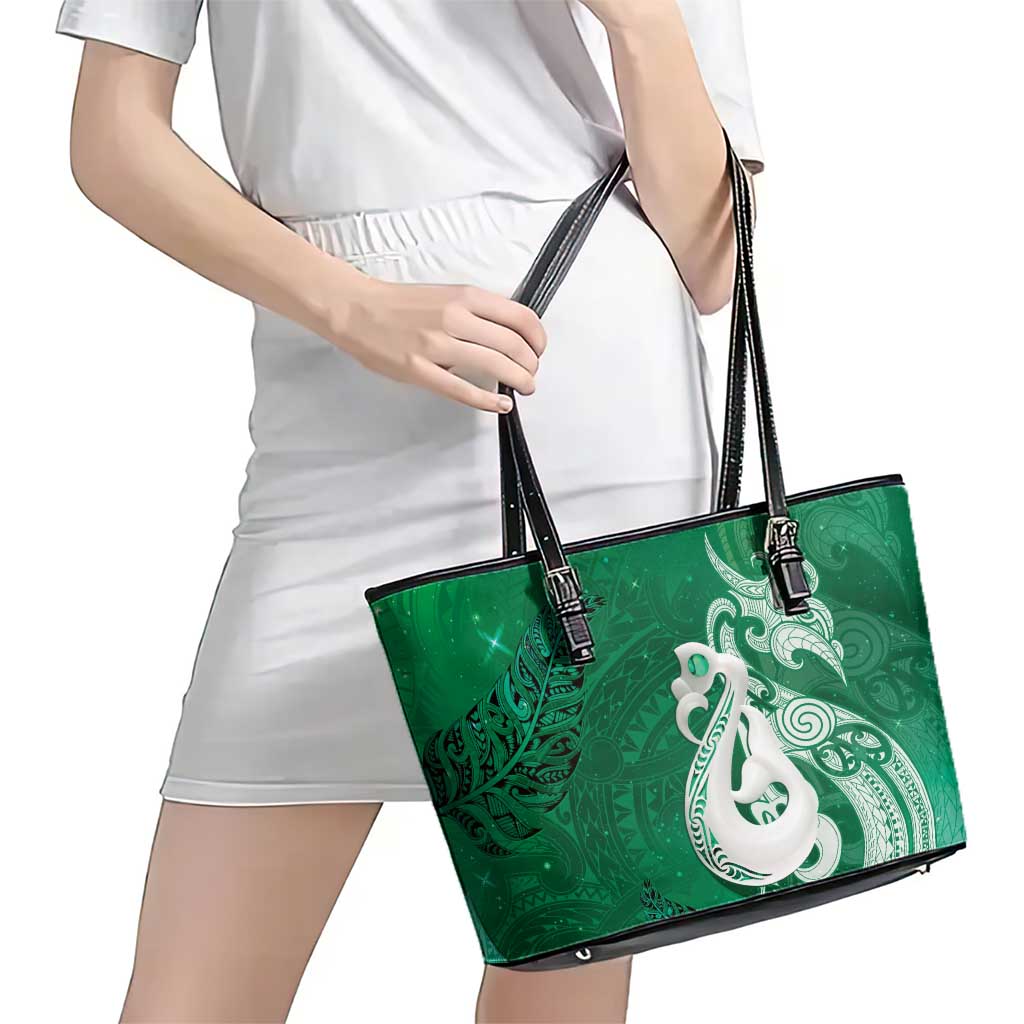 New Zealand Matariki Leather Tote Bag Maori Manaia Galaxy Silver Fern Green Color