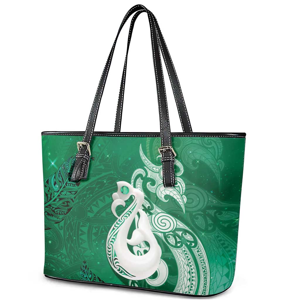 New Zealand Matariki Leather Tote Bag Maori Manaia Galaxy Silver Fern Green Color
