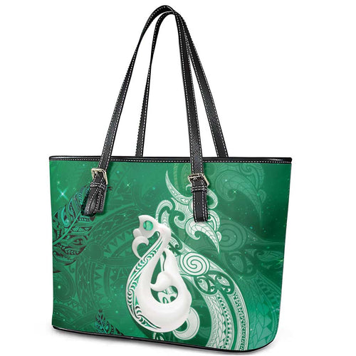 New Zealand Matariki Leather Tote Bag Maori Manaia Galaxy Silver Fern Green Color