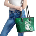 New Zealand Matariki Leather Tote Bag Maori Manaia Galaxy Silver Fern Green Color