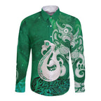 New Zealand Matariki Long Sleeve Button Shirt Maori Manaia Galaxy Silver Fern Green Color