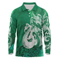 New Zealand Matariki Long Sleeve Polo Shirt Maori Manaia Galaxy Silver Fern Green Color
