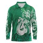 New Zealand Matariki Long Sleeve Polo Shirt Maori Manaia Galaxy Silver Fern Green Color