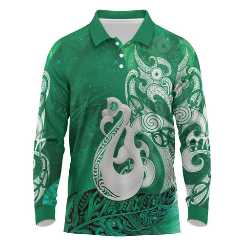 New Zealand Matariki Long Sleeve Polo Shirt Maori Manaia Galaxy Silver Fern Green Color