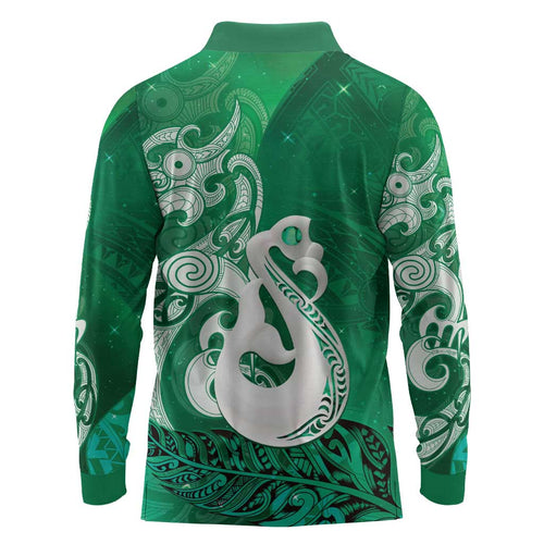 New Zealand Matariki Long Sleeve Polo Shirt Maori Manaia Galaxy Silver Fern Green Color