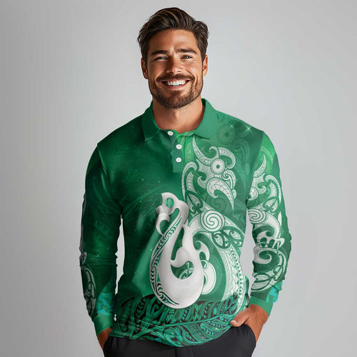 New Zealand Matariki Long Sleeve Polo Shirt Maori Manaia Galaxy Silver Fern Green Color