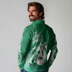 New Zealand Matariki Long Sleeve Polo Shirt Maori Manaia Galaxy Silver Fern Green Color