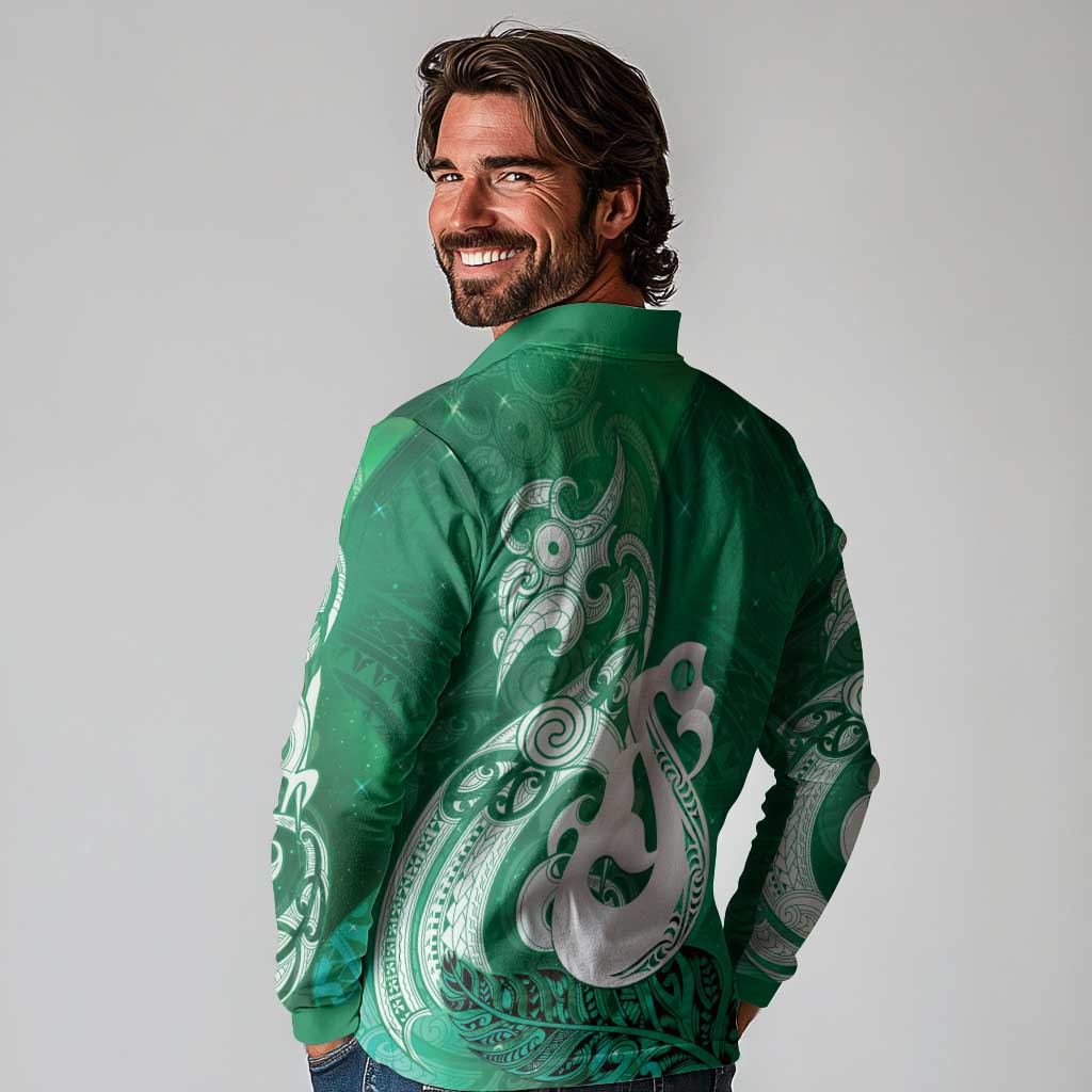 New Zealand Matariki Long Sleeve Polo Shirt Maori Manaia Galaxy Silver Fern Green Color