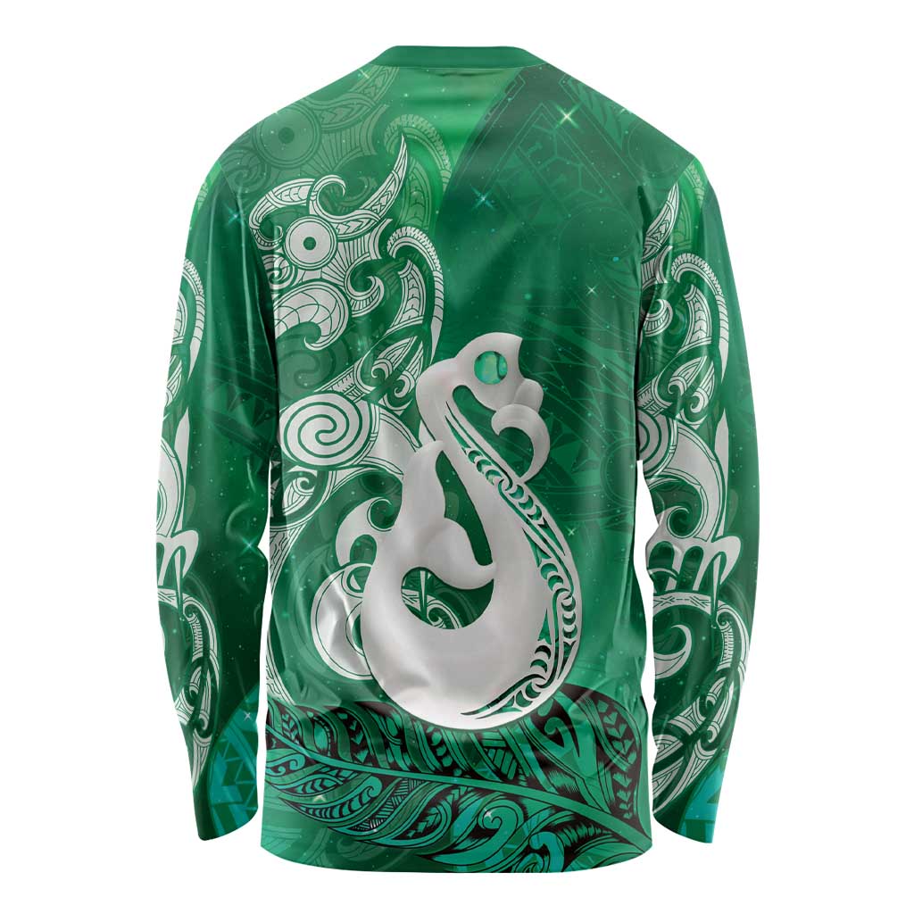 New Zealand Matariki Long Sleeve Shirt Maori Manaia Galaxy Silver Fern Green Color