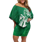 New Zealand Matariki Off Shoulder Short Dress Maori Manaia Galaxy Silver Fern Green Color