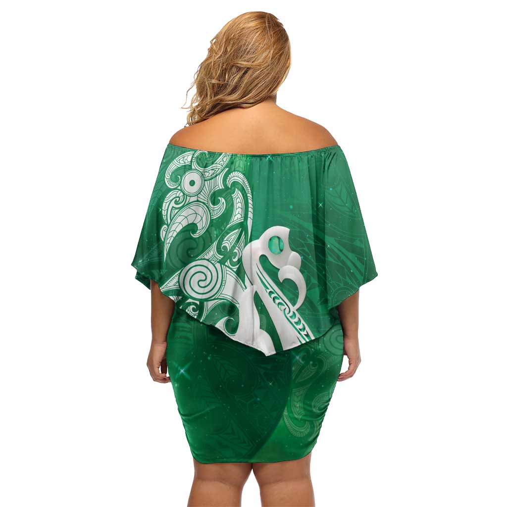 New Zealand Matariki Off Shoulder Short Dress Maori Manaia Galaxy Silver Fern Green Color