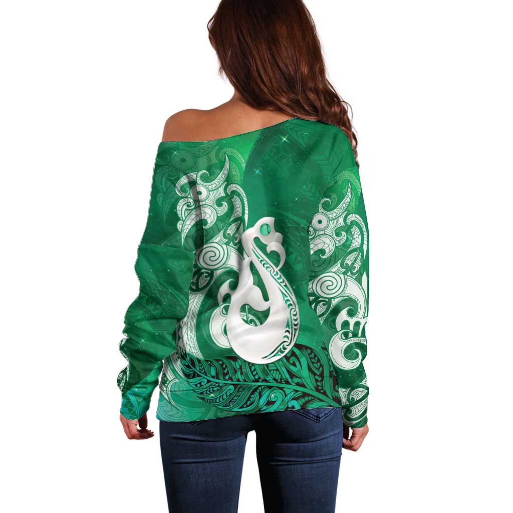 New Zealand Matariki Off Shoulder Sweater Maori Manaia Galaxy Silver Fern Green Color