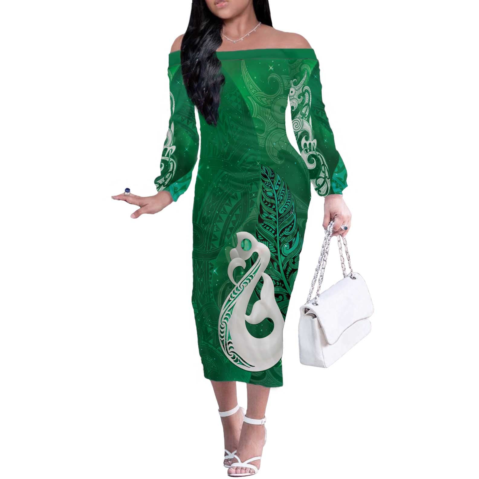 New Zealand Matariki Off The Shoulder Long Sleeve Dress Maori Manaia Galaxy Silver Fern Green Color