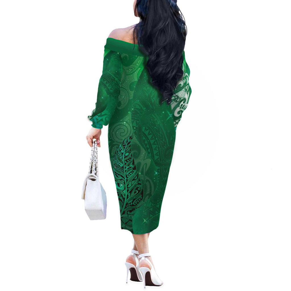 New Zealand Matariki Off The Shoulder Long Sleeve Dress Maori Manaia Galaxy Silver Fern Green Color