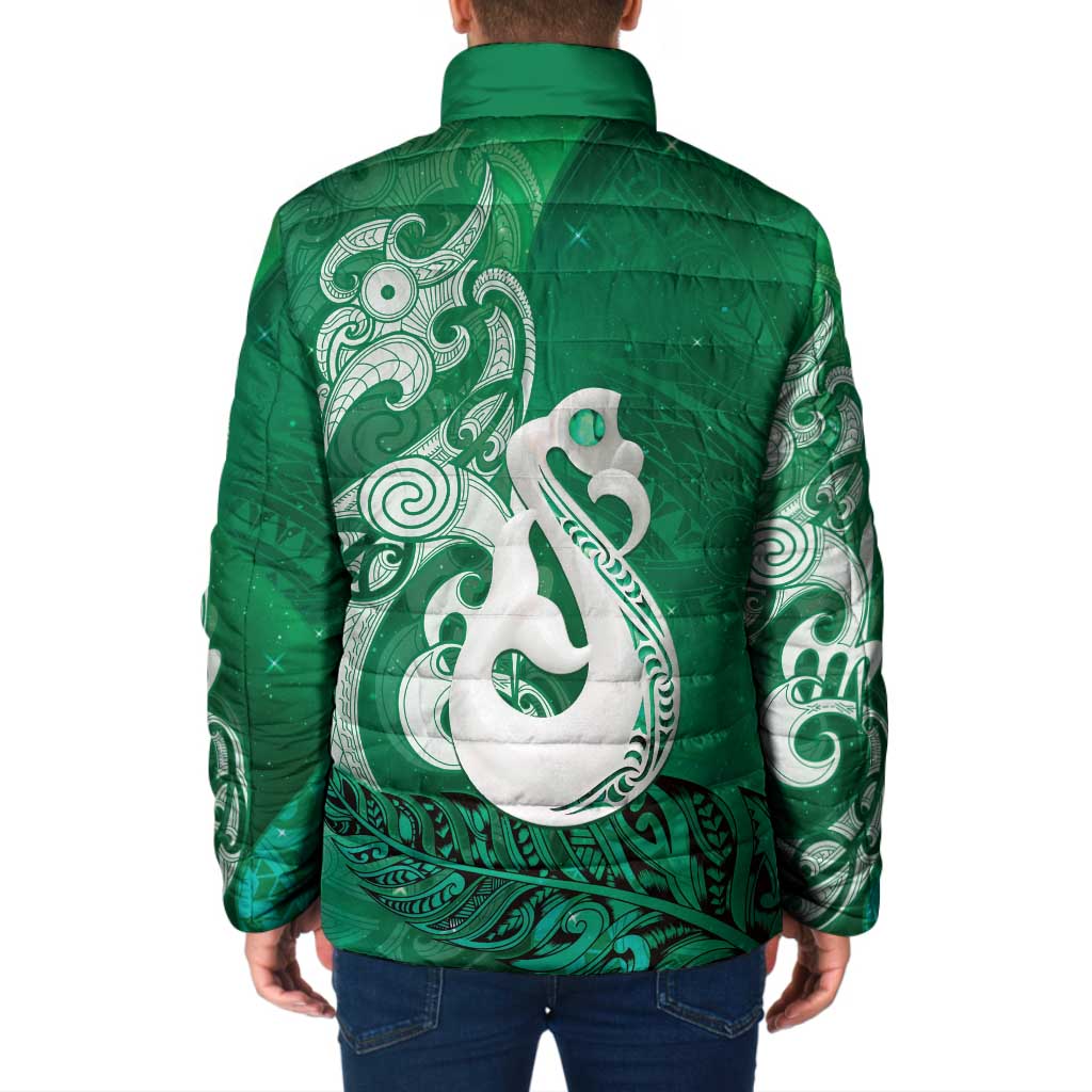 New Zealand Matariki Padded Jacket Maori Manaia Galaxy Silver Fern Green Color