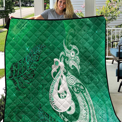 New Zealand Matariki Quilt Maori Manaia Galaxy Silver Fern Green Color