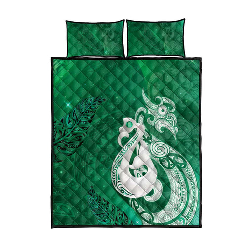 New Zealand Matariki Quilt Bed Set Maori Manaia Galaxy Silver Fern Green Color