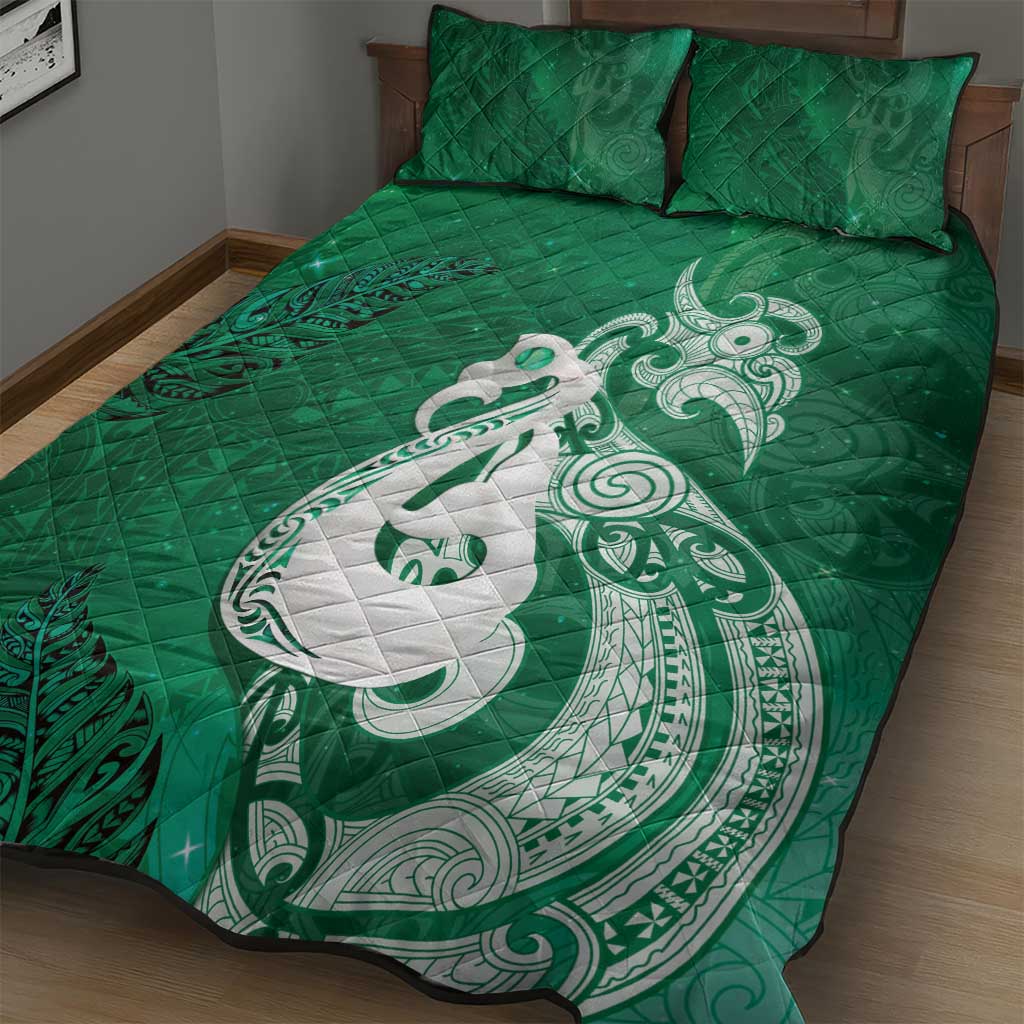 New Zealand Matariki Quilt Bed Set Maori Manaia Galaxy Silver Fern Green Color