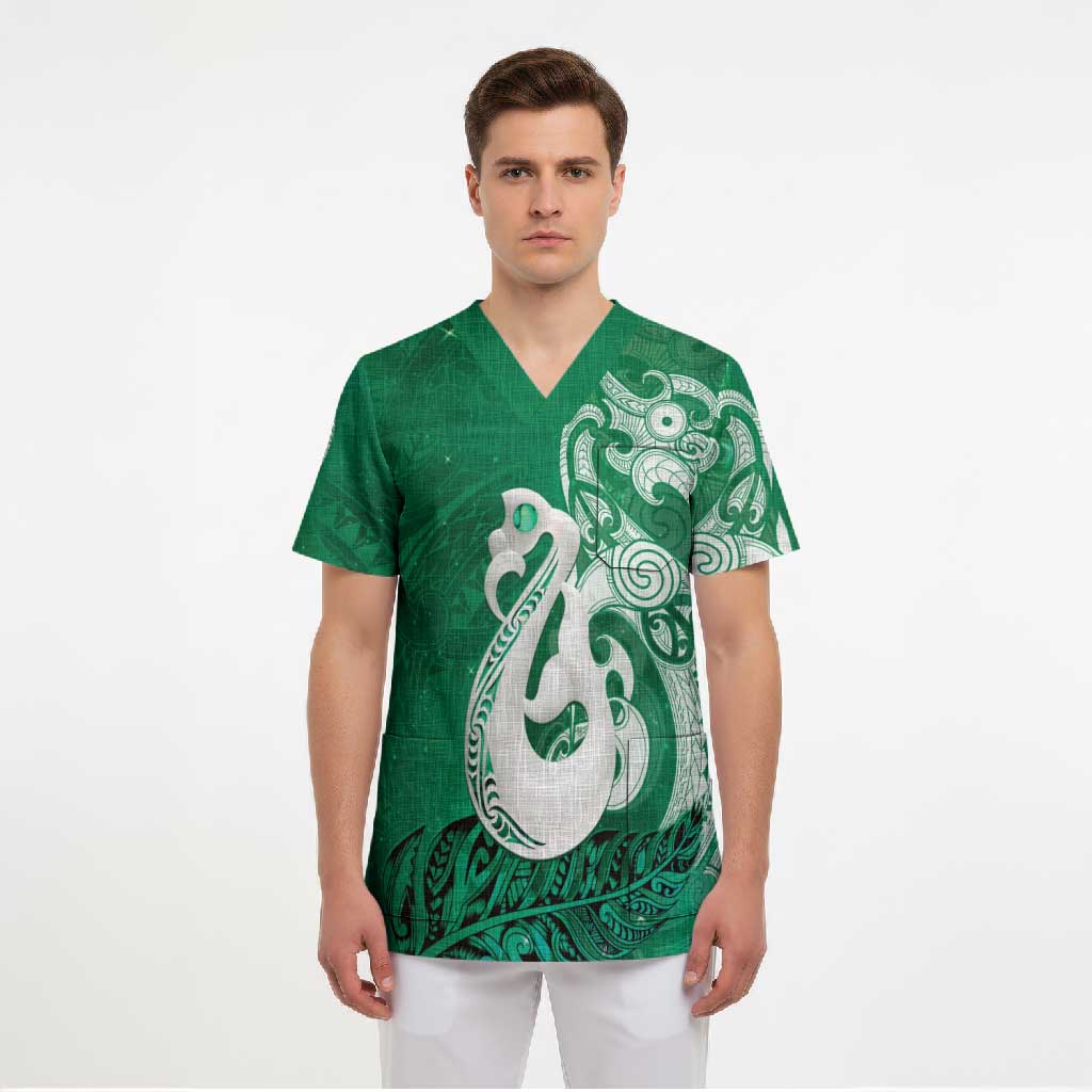 New Zealand Matariki Scrub Top Maori Manaia Galaxy Silver Fern Green Color
