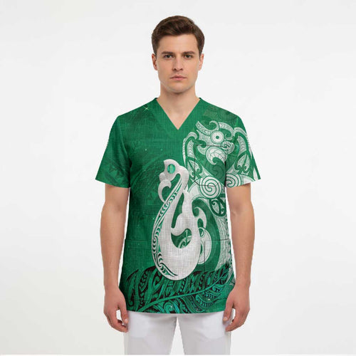 New Zealand Matariki Scrub Top Maori Manaia Galaxy Silver Fern Green Color