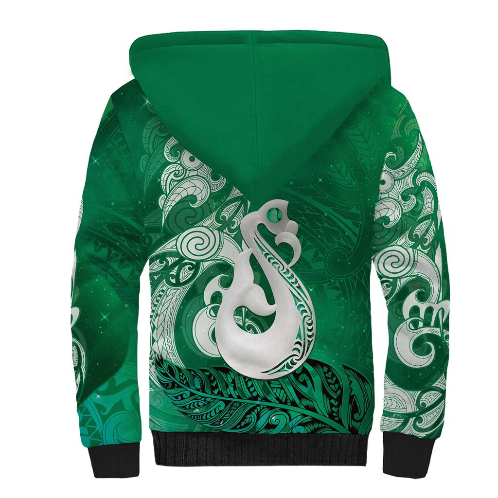 New Zealand Matariki Sherpa Hoodie Maori Manaia Galaxy Silver Fern Green Color