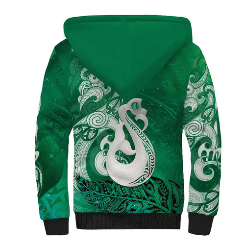 New Zealand Matariki Sherpa Hoodie Maori Manaia Galaxy Silver Fern Green Color